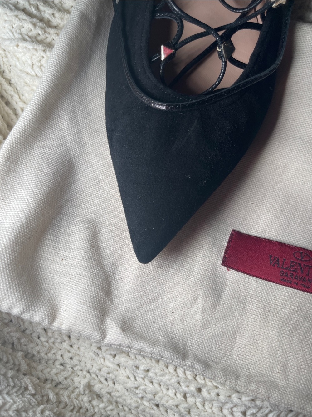 Valentino Black Lace-Up Pointed-Toe Flats with Strappy Detail - Picture 10 of 16